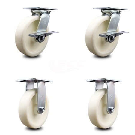 Heavy Duty Large Top Plate Nylon Swivel Caster w/Main. Free Bearings Set of 4 w/8" x 2" White Wheels - Includes 2 Swivel with Brakes & 2 Rigid - 5000 lbs Total Capacity - Service Caster Brand